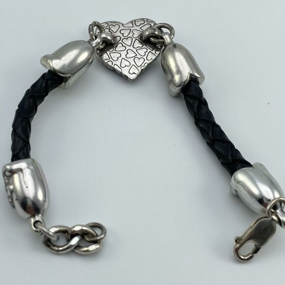 Vintage Retired Brighton Silver Tone Heart Braided Black Cord Love Bracelet - Picture 3 of 5